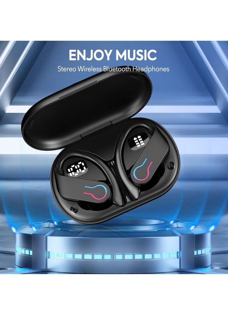 Mpow - Q63 Wireless Earbuds, Bluetooth 5.3 Ipx7 Waterproof Headphones, Digital LED Display Over Ear Earphones, Noise Cancelling Headsets For Sports Running Workout Gym, (Black Design B) - Image 1