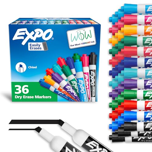 EXPO Low Odor Dry Erase Markers Chisel Tip Assorted Fashion Colors 36 Count for Classroom Office Home Use