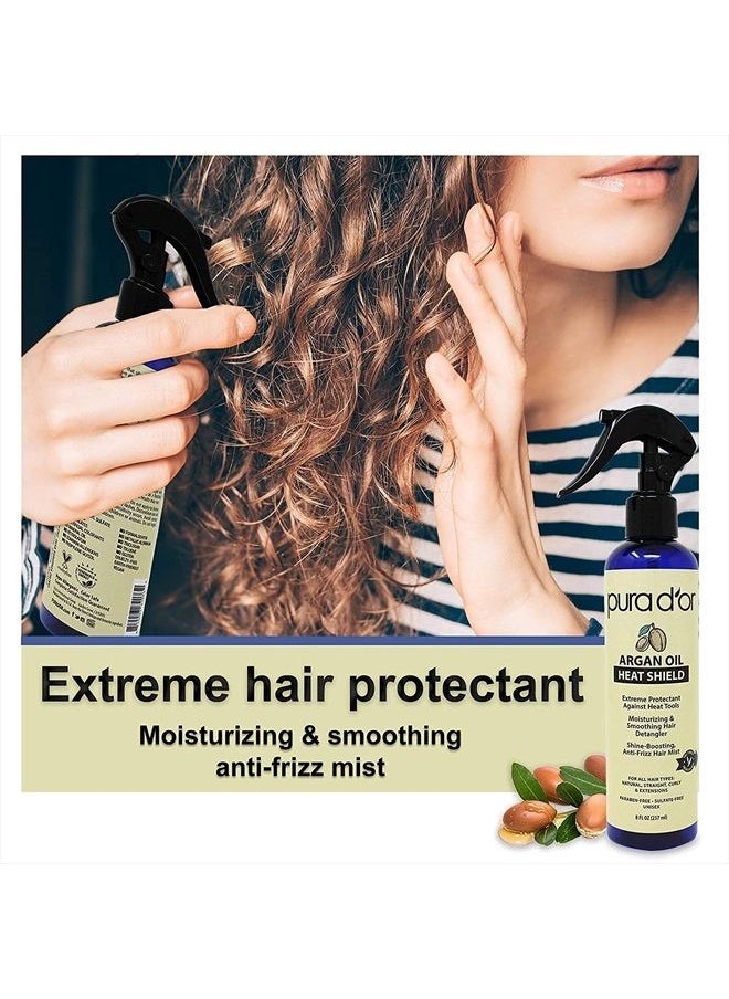 Pura d'or - Argan Oil Heat Shield Protectant Spray (8oz) Water Based Formula w/Organic Ingredients, Protects Up To 450º F From Flat Iron & Hot Blow Dry, Leave-In, Define & Shine Dry & Damaged Hair - Image 1
