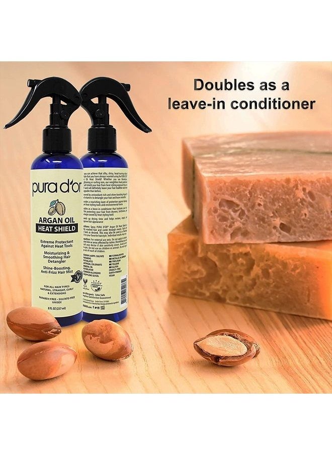 Pura d'or - Argan Oil Heat Shield Protectant Spray (8oz) Water Based Formula w/Organic Ingredients, Protects Up To 450º F From Flat Iron & Hot Blow Dry, Leave-In, Define & Shine Dry & Damaged Hair - Image 1