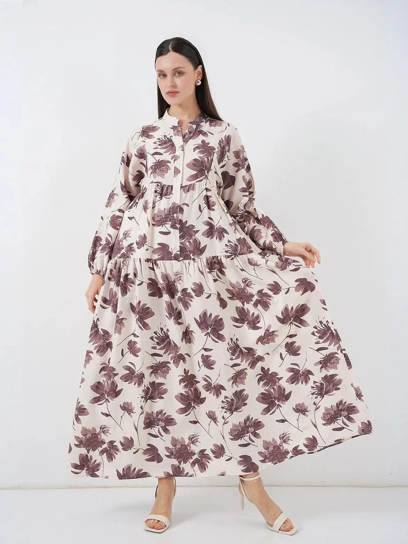 بيغ دارت BDART Floral Maxi Dress with Mandarin Collar and Button Closure