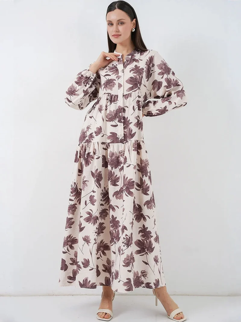 بيغ دارت BDART Floral Maxi Dress with Mandarin Collar and Button Closure