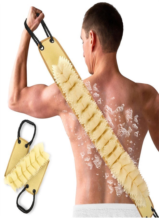 Exfoliating Loofah Back Scrubber for Shower, 38.5 Inch Double-Sided Washcloth with Handle, Foaming Cleaning Back Scrubber Body Bath Luffa Washer, Deep Clean Skin for Women Men