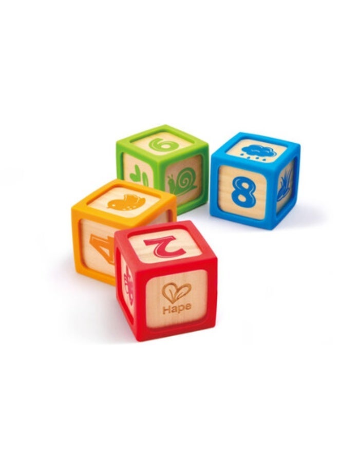 Hape- Educational Montessori Baby Sensory Toys Grip-n-Stack Silicone & 4 pcs Wood Blocks with  with Silicone Edges, Numbers, Patterns - Image 1