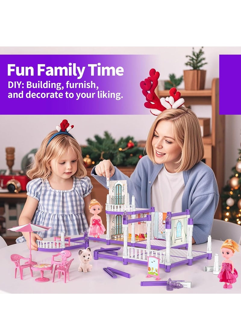 Doll House, 4-Story Dollhouse with Glow in The Dark, Doll House Playset with 2 Dolls, 12 Play Areas, Fully Furniture  Accessories, Toys for 3 4 5 6 7 8 9Year Old Girls Gift, Purple - Image 3