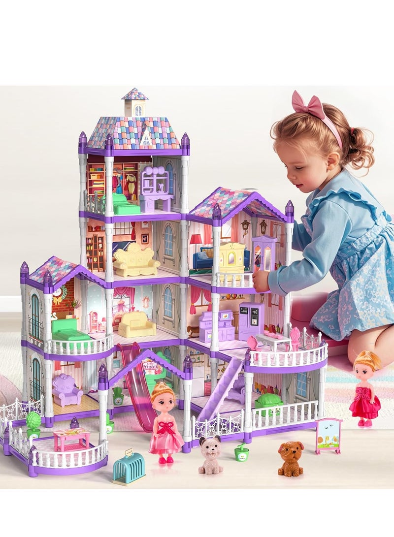 Doll House, 4-Story Dollhouse with Glow in The Dark, Doll House Playset with 2 Dolls, 12 Play Areas, Fully Furniture  Accessories, Toys for 3 4 5 6 7 8 9Year Old Girls Gift, Purple - Image 1
