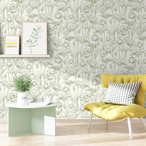 Vinjiasin Peel and Stick Wallpaper Green Floral Contact Paper Boho Modern Lotus Wall Paper for Bedroom Bathroom Living Room Self Adhesive Removable Flower Leaf 17.3"x 78.7" - Image 5