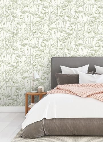 Vinjiasin Peel and Stick Wallpaper Green Floral Contact Paper Boho Modern Lotus Wall Paper for Bedroom Bathroom Living Room Self Adhesive Removable Flower Leaf 17.3"x 78.7" - Image 2