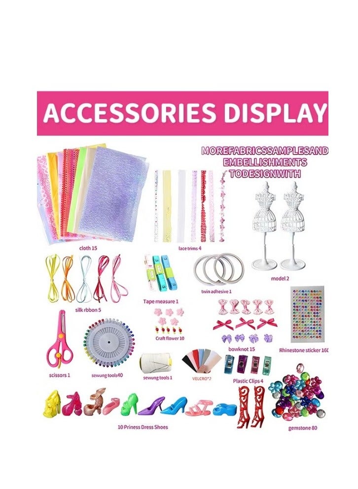 ميكسد أكثر من 500 قطعة من أطقم مصممي الأزياء، مجموعة ملابس الدمى المصنوعة يدويًا مع 2 عارضة، ألعاب استوديو تصميم الأزياء، مجموعة ملابس الدمى الإبداعية المصنوعة يدويًا، تصميم أزياء بدون خياطة، هدية مثالية - Image 3