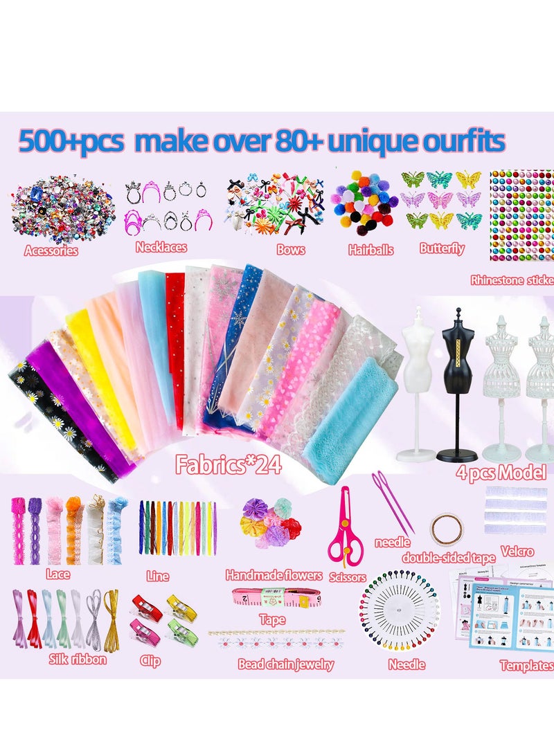 ميكسد أكثر من 500 قطعة من أطقم مصممي الأزياء، مجموعة ملابس الدمى المصنوعة يدويًا مع 2 عارضة، ألعاب استوديو تصميم الأزياء، مجموعة ملابس الدمى الإبداعية المصنوعة يدويًا، تصميم أزياء بدون خياطة، هدية مثالية - Image 2