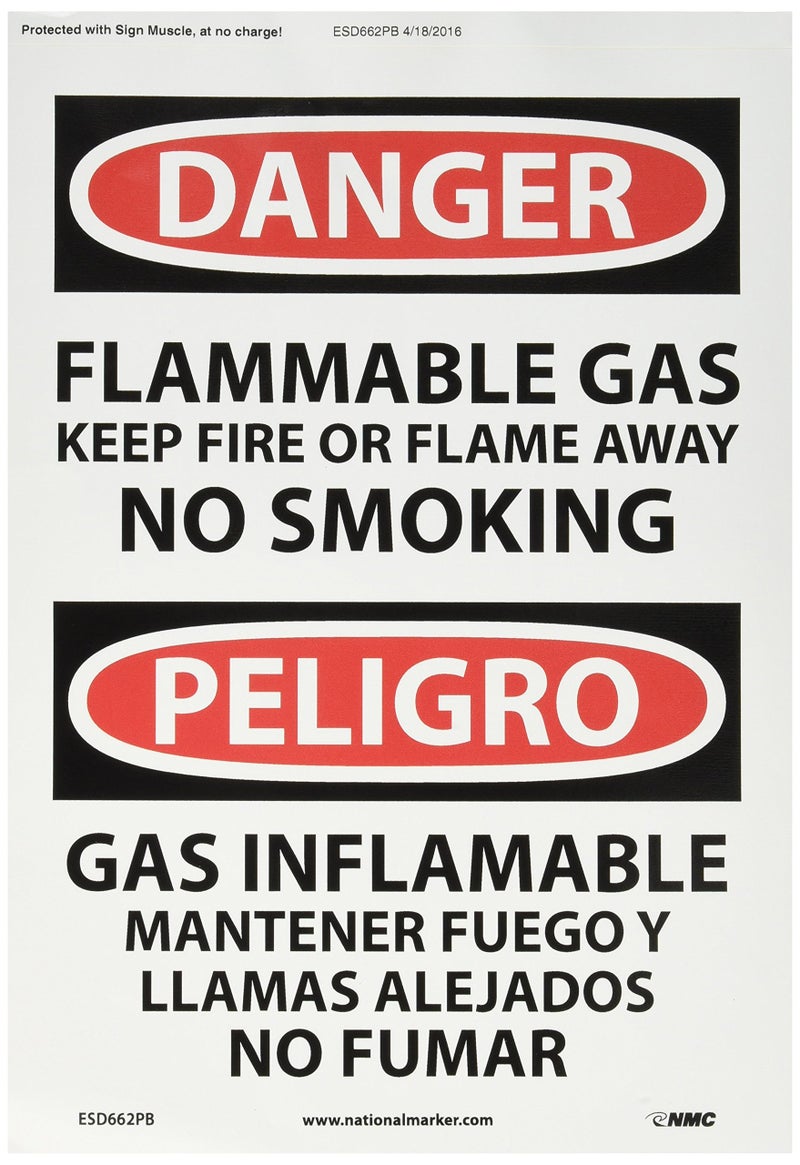 NMC ESD662PB Bilingual OSHA Sign Legend DANGER FLAMMABLE GAS KEEP FIRE OR FLAME AWAY NO SMOKING 10 Length x 14 Height Pressure Sensitive Vinyl BlackRed on White