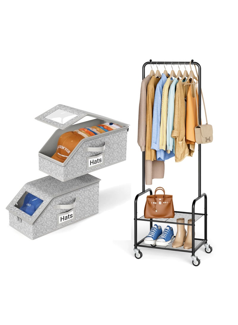 كيلا قطعتان من رفوف تخزين القبعات القابلة للتكديس لقبعات البيسبول، ورفوف ملابس دوارة صغيرة لتعليق الملابس، وحزمتان من العناصر - Image 1