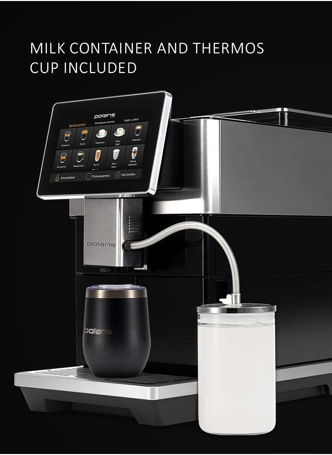 Polaris Coffee Machine PACM 2081AC WIFI IQ Home AS Black Remote control via Wi-FI. 40 drinks. Includes a thermal mug and a glass milk container. Heater type - Thermoblock Power - 1500 W Pump pressure - 20 bar Water tank volume - 1.8 l Bean hopper volume 250 g Cappuccino maker type - automatic Display - color touch  - Image 3