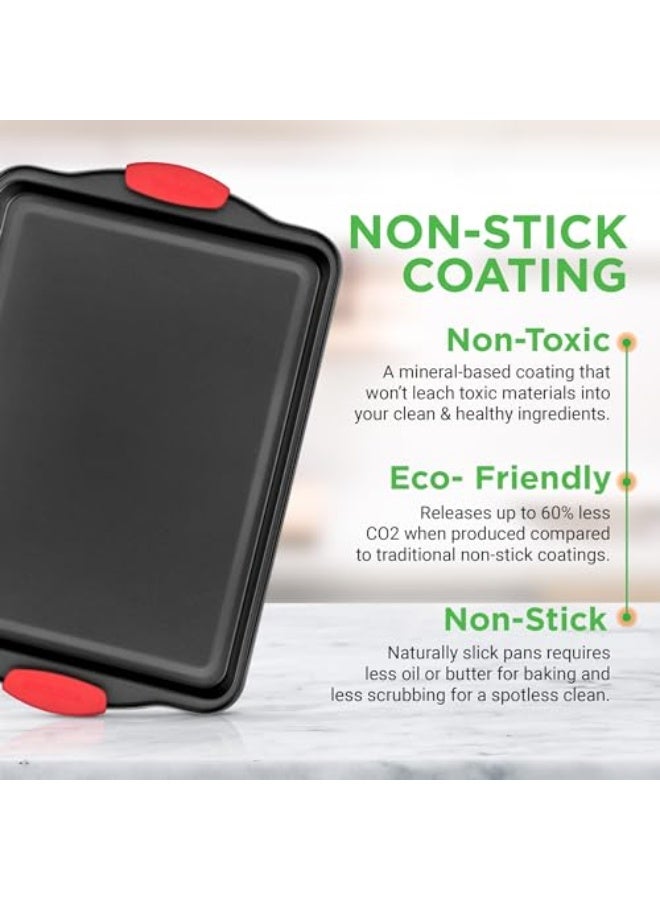 NutriChef Non-Stick Kitchen Oven Baking Pans-Deluxe & Stylish Nonstick Gray Coating Inside Outside, Commercial Grade Restaurant Quality Metal Bakeware with Red Silicone Handles NCSBS3S, 3 Piece Set  - Image 4