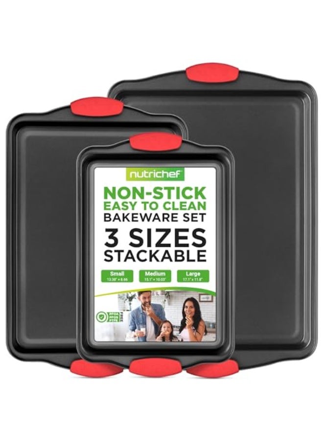 NutriChef Non-Stick Kitchen Oven Baking Pans-Deluxe & Stylish Nonstick Gray Coating Inside Outside, Commercial Grade Restaurant Quality Metal Bakeware with Red Silicone Handles NCSBS3S, 3 Piece Set  - Image 1