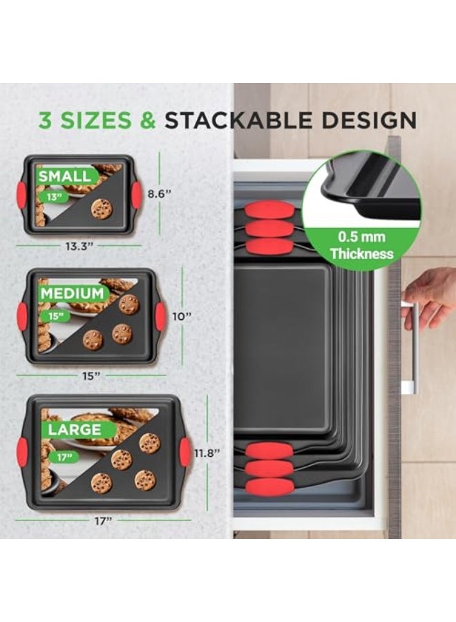 NutriChef Non-Stick Kitchen Oven Baking Pans-Deluxe & Stylish Nonstick Gray Coating Inside Outside, Commercial Grade Restaurant Quality Metal Bakeware with Red Silicone Handles NCSBS3S, 3 Piece Set  - Image 2