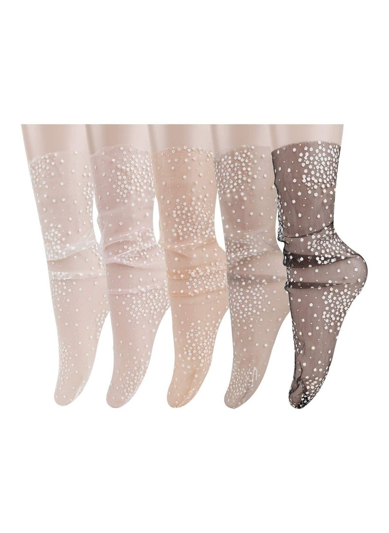 Excefore - Mesh Lace Socks 5 Pairs Sheer Mesh Decorated Tulle Socks Elegant Loose Socks lovely Lace Tulle Socks Metallic Glitter Stars Tulle Socks Nylon Lace Loose Socks Slouch Socks Thin Lace Ankle Socks - Image 1