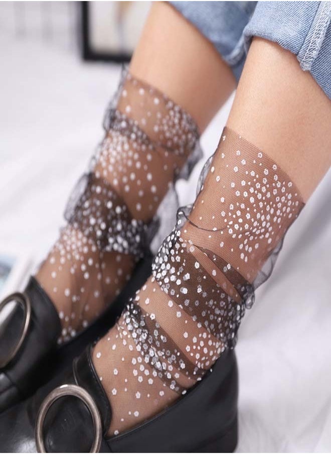 Excefore - Mesh Lace Socks 5 Pairs Sheer Mesh Decorated Tulle Socks Elegant Loose Socks lovely Lace Tulle Socks Metallic Glitter Stars Tulle Socks Nylon Lace Loose Socks Slouch Socks Thin Lace Ankle Socks - Image 1