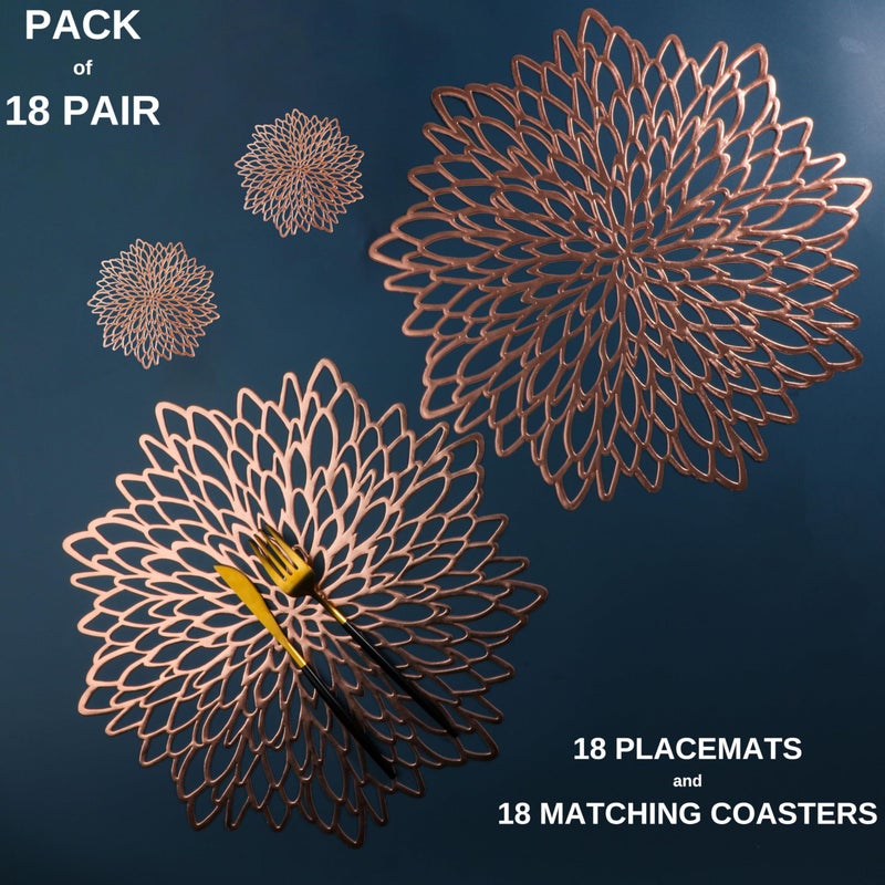 Snowkingdom Snowkingdom 18 Pairs Rose Gold Placemats & Coasters 36 Pcs Pink Metallic Pressed Vinyl Bulk for Dinning Table Mats Round Floral Charger Decoration for Weddings Christmas Holiday  - Image 1