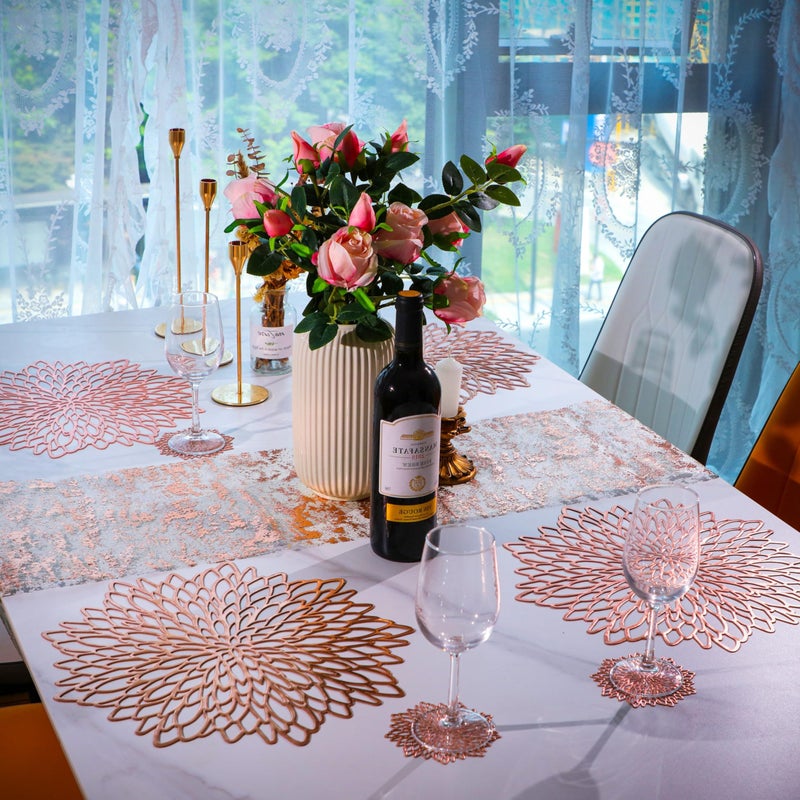 Snowkingdom Snowkingdom 18 Pairs Rose Gold Placemats & Coasters 36 Pcs Pink Metallic Pressed Vinyl Bulk for Dinning Table Mats Round Floral Charger Decoration for Weddings Christmas Holiday  - Image 4