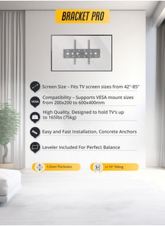 Bracket BRACKET PRO 42"-85" Universal TV Wall Mount Bracket With Leveler Included For Perfect Balance Adjustable & Heavy Duty for LCD LED Flat Panel TVs Space-Saving VESA Compatible TILTING MOUNT - BPT4285 Black  - Image 2
