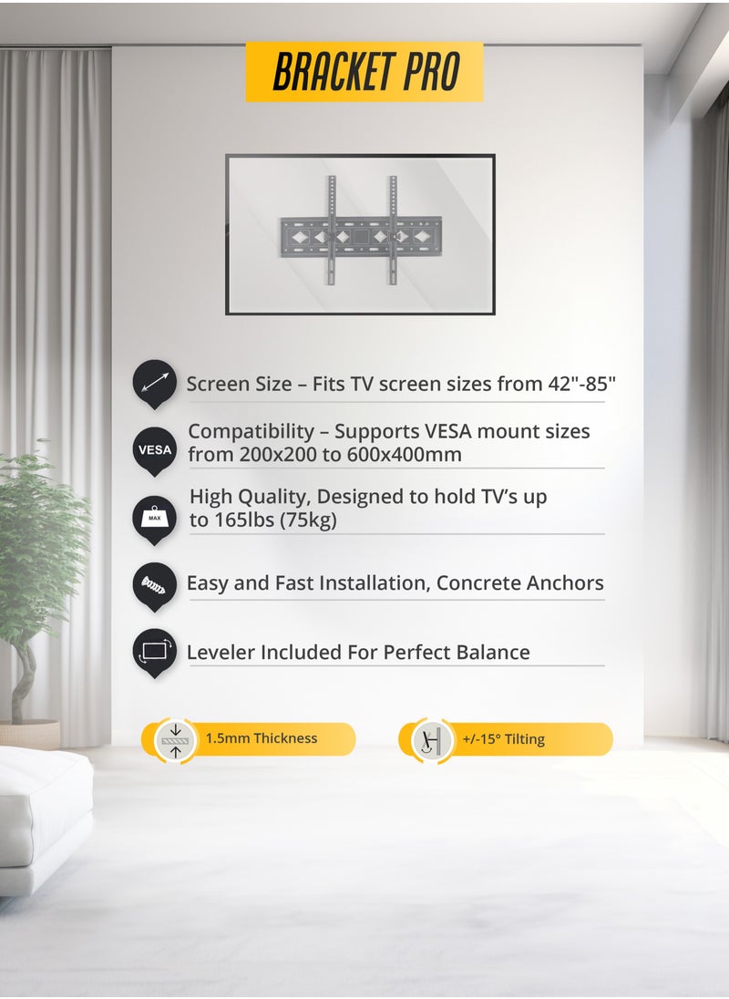 Bracket - BRACKET PRO 42"-85" Universal TV Wall Mount Bracket With Leveler Included For Perfect Balance Adjustable & Heavy Duty for LCD LED Flat Panel TVs Space-Saving VESA Compatible TILTING MOUNT - BPT4285 Black - Image 1