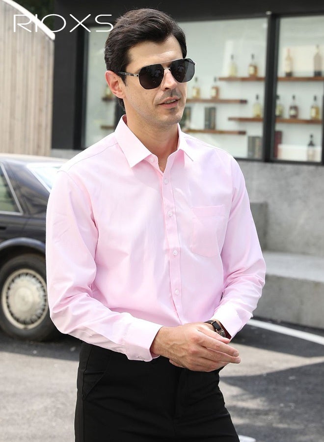 RIOXS Men's Dress Shirts, Classic-Fit Button Down Collar Shirts, Long Sleeve Formal Shirts for Men, Wrinkle-Free Work Blouses Tops, Dressy Shirts for Business, Office, Meeting, Interview, Party, Wedding Dating Shirt, Pink Blouses with Front Pocket - Image 2