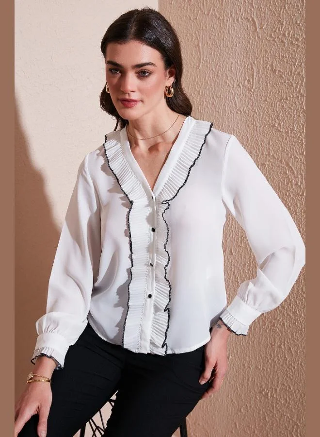 ليلا قميص نسائي بأكمام طويلة وكشكشة بياقة على شكل حرف  مقاس قياسي