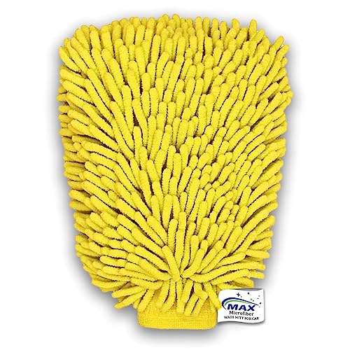 MAX Double Sided Microfibre Wash Mitt Cleaning Gloves (1 Pc, 2400 GSM, Size 26 x 19 cm, Colour Yellow, Extra Large, Super Absorbent, Big Chenille Mitt Glove) - Image 1