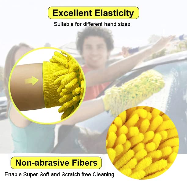MAX Double Sided Microfibre Wash Mitt Cleaning Gloves (1 Pc, 2400 GSM, Size 26 x 19 cm, Colour Yellow, Extra Large, Super Absorbent, Big Chenille Mitt Glove) - Image 2