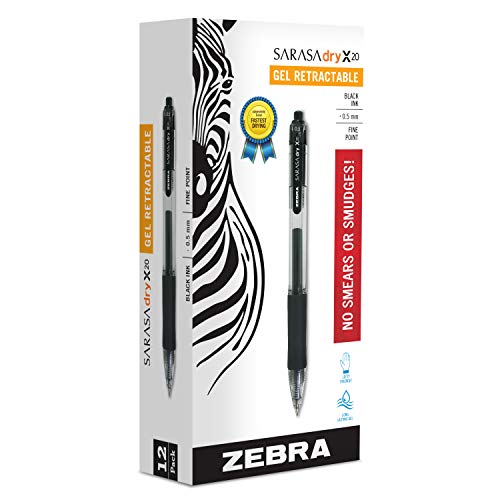 Zebra Pen Sarasa Dry X20 Retractable Gel Pen, Fine Point, 0.5mm, Black Ink, 12-Pack (46710) - Image 1