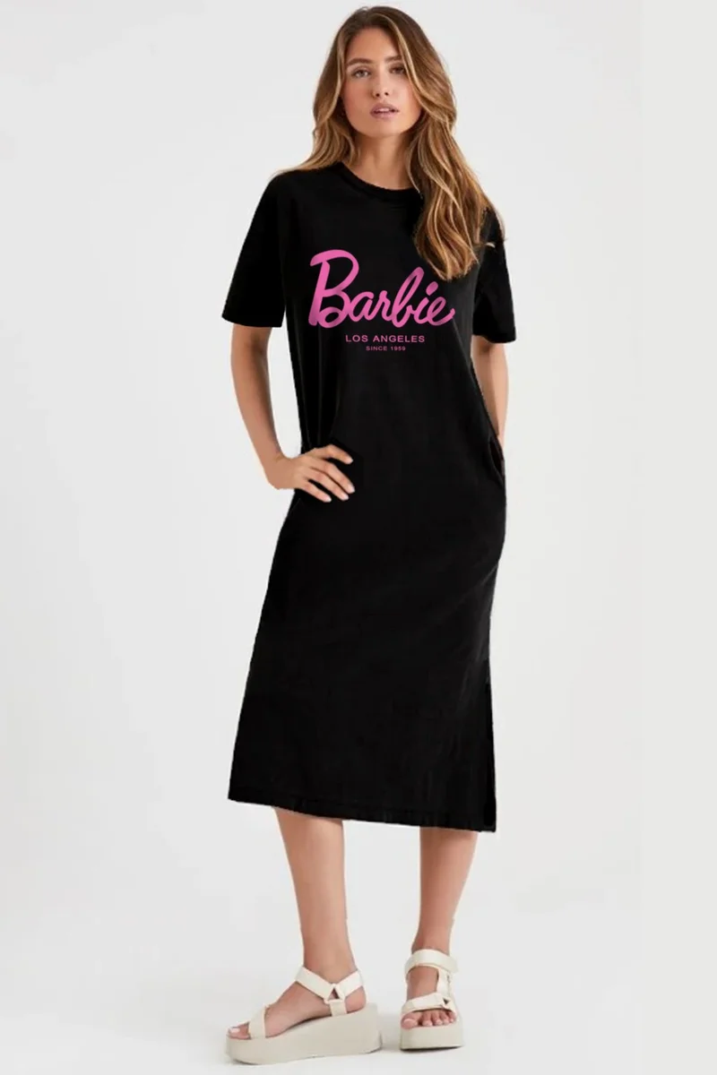 Rock&Roll Barbie Girl Black Crew Neck Short Sleeve Combed Cotton Long Dress