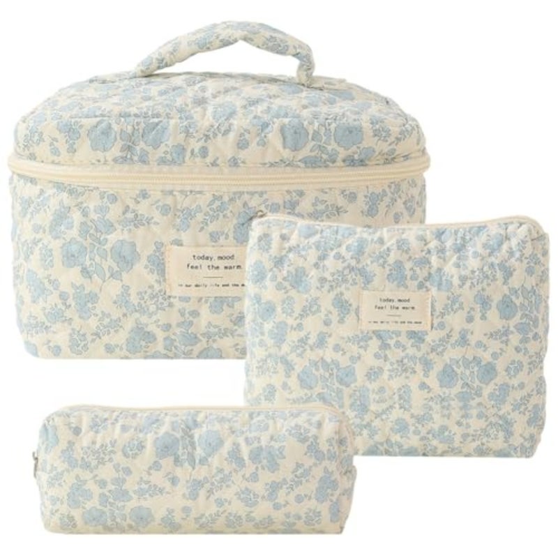 Set of 3 Quilted Cosmetics Bags, Large Toiletry Bags with Aesthetic Floral Pattern, Cotton, Travel Skincare Bags for Women and Girls, Cosmetic bag - Image 1