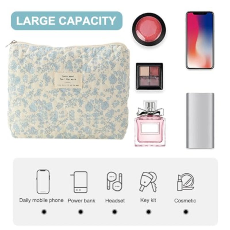 Set of 3 Quilted Cosmetics Bags, Large Toiletry Bags with Aesthetic Floral Pattern, Cotton, Travel Skincare Bags for Women and Girls, Cosmetic bag - Image 5