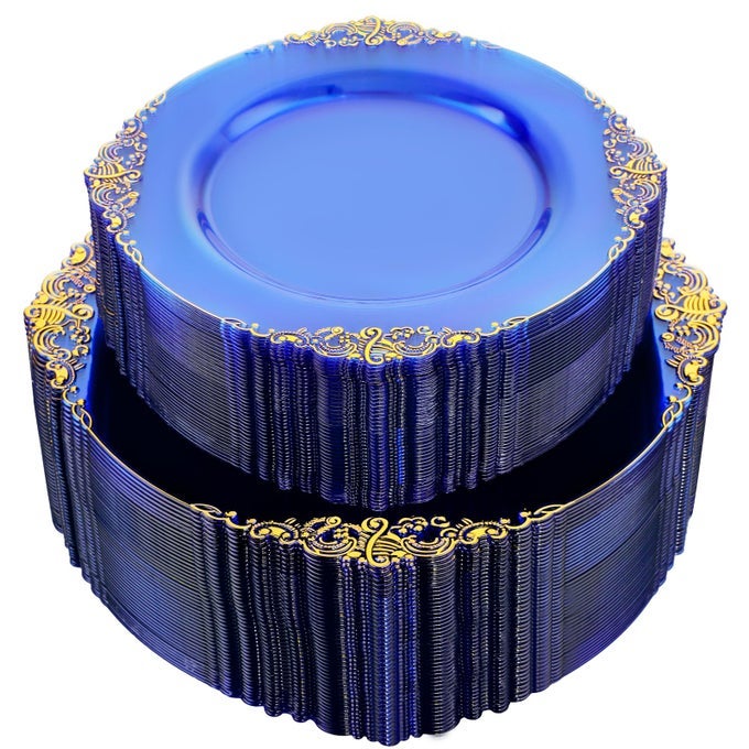 102PCS BLUE PLASTIC PLATES ROYAL GOLD DISPOSABLE PLATES CLEAR BLUE PARTY PLATE HEAVYWEIGHT DISPOSABLE PLATE WITH GOLD RIM FANCY DINNER DESSERT PLATES FOR 51 GUESTS GRADUATION WEDDINGS
