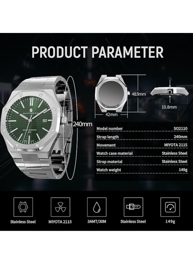 Sapphero - Watch for Men Stainless Steel Mens Watches Waterproof Analog Quartz Movement Wrist Watch Gifts for Men - Image 1