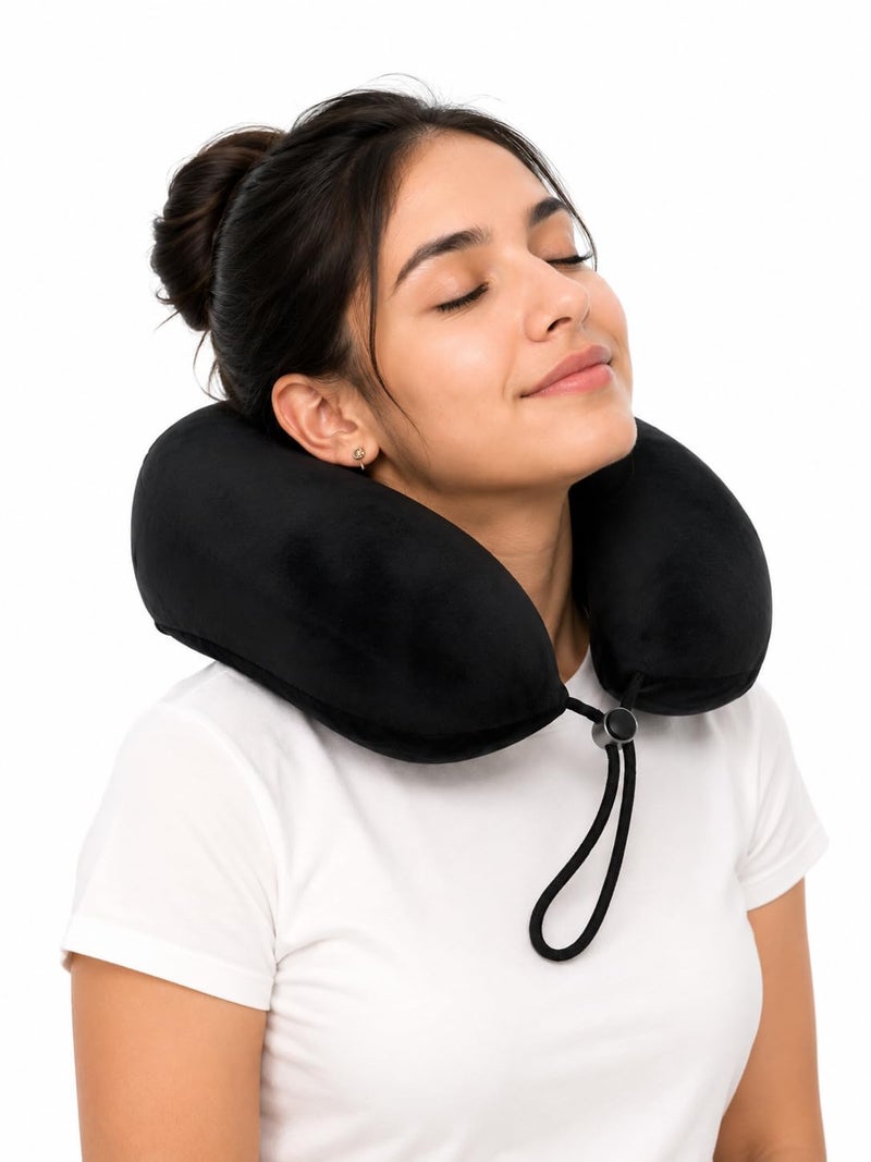 Travel Neck Pillow, Memory Foam Neck Pillow with Removable Washable Premium Velvet Cover for Easy Cleaning (Black) - Image 1