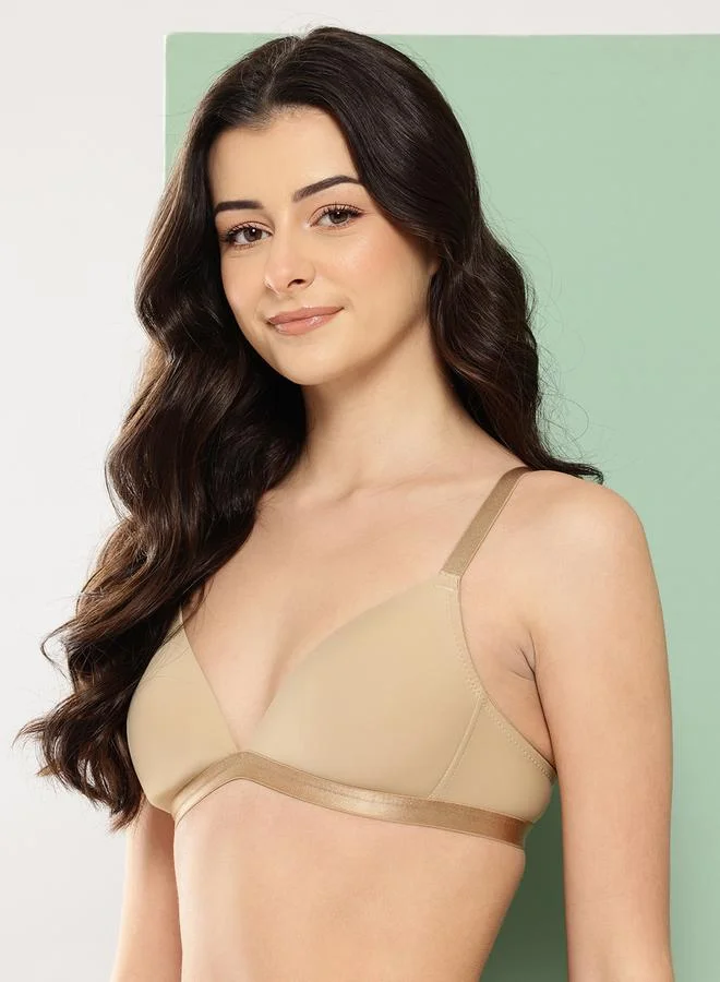 Leading Lady Beige Solid Lightly Padded Non Wired Plunge Bra