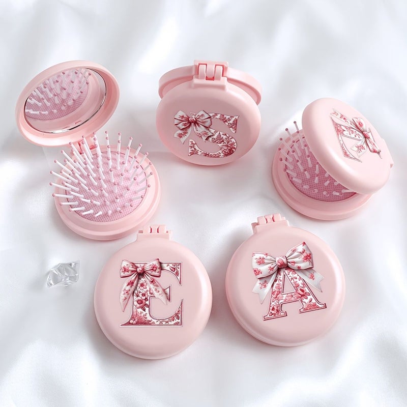 Pink Bow Pattern Foldable Air Cushion Comb With Mirror Two In One Portable Mini Makeup Comb For Women Travel Camping Office Business Trips Model V - Image 4