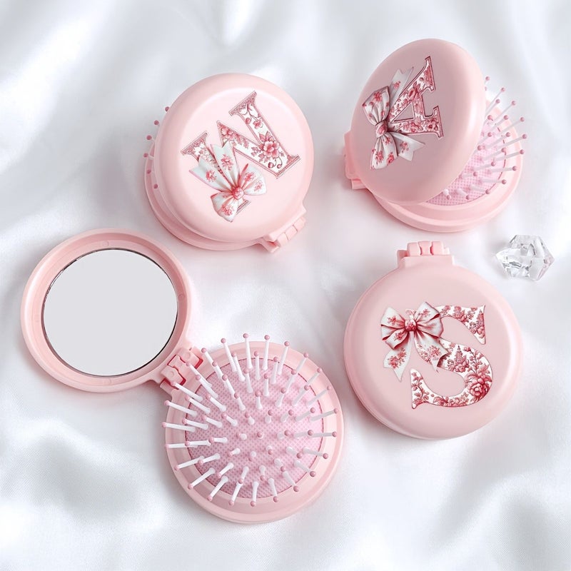 Pink Bow Pattern Foldable Air Cushion Comb With Mirror Two In One Portable Mini Makeup Comb For Women Travel Camping Office Business Trips Model V - Image 1