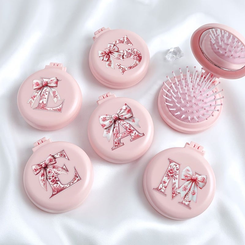 Pink Bow Pattern Foldable Air Cushion Comb With Mirror Two In One Portable Mini Makeup Comb For Women Travel Camping Office Business Trips Model V - Image 3