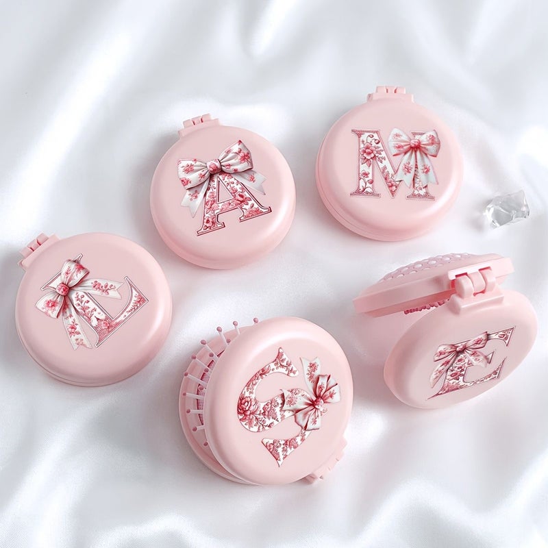 Pink Bow Pattern Foldable Air Cushion Comb With Mirror Two In One Portable Mini Makeup Comb For Women Travel Camping Office Business Trips Model V - Image 5