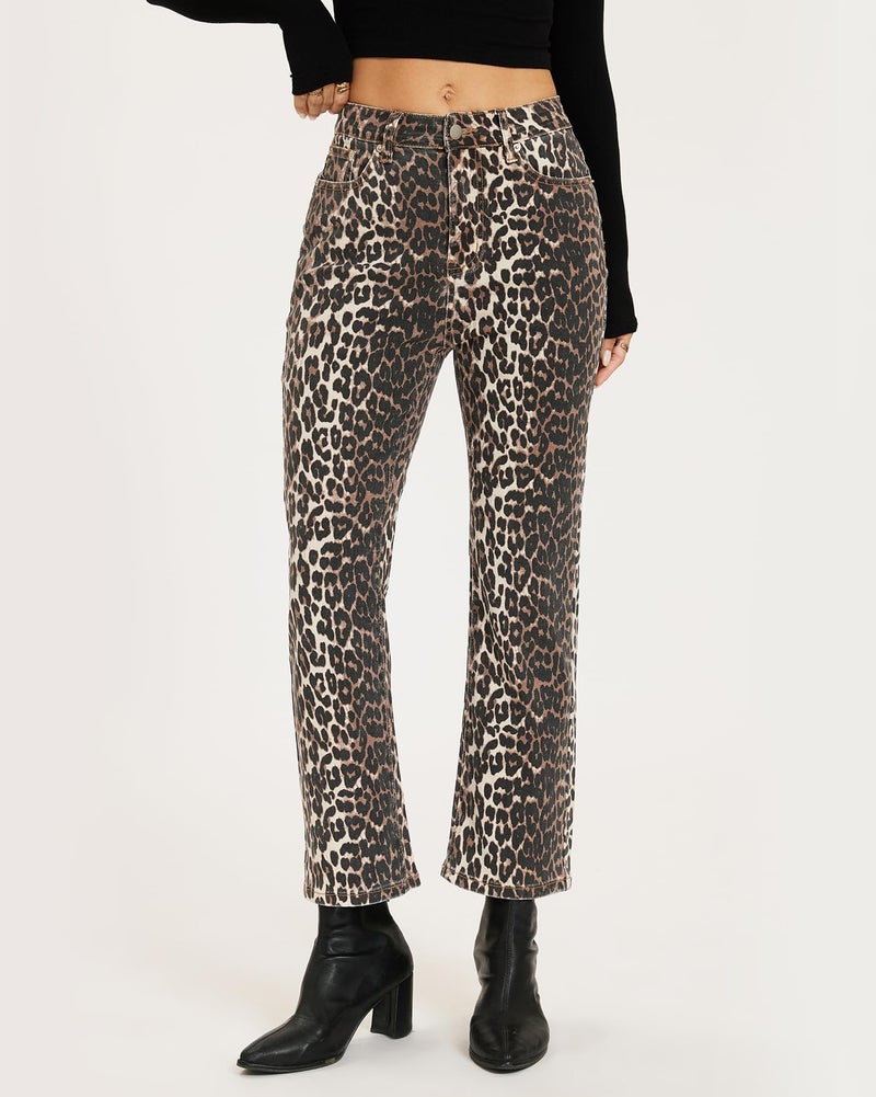 YEXPINE Women's Leopard Bell Bottom Jeans Cropped High Rise Stretchy Cheetah Print Demin Pants - Image 2