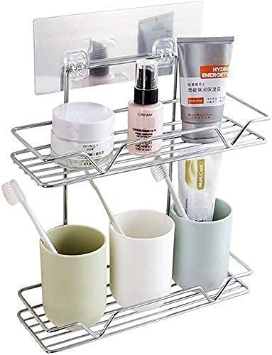 QUALIZA Double Layer Metal Bathroom Shelf Self Adhesive Metal Double Layer Bathroom Shelves Rack Organizer Wall Mounted Multipurpose Shelves Bathroom Toilet Storage Holder Stand1PC - Image 5