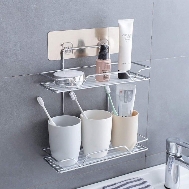 QUALIZA Double Layer Metal Bathroom Shelf Self Adhesive Metal Double Layer Bathroom Shelves Rack Organizer Wall Mounted Multipurpose Shelves Bathroom Toilet Storage Holder Stand1PC - Image 1