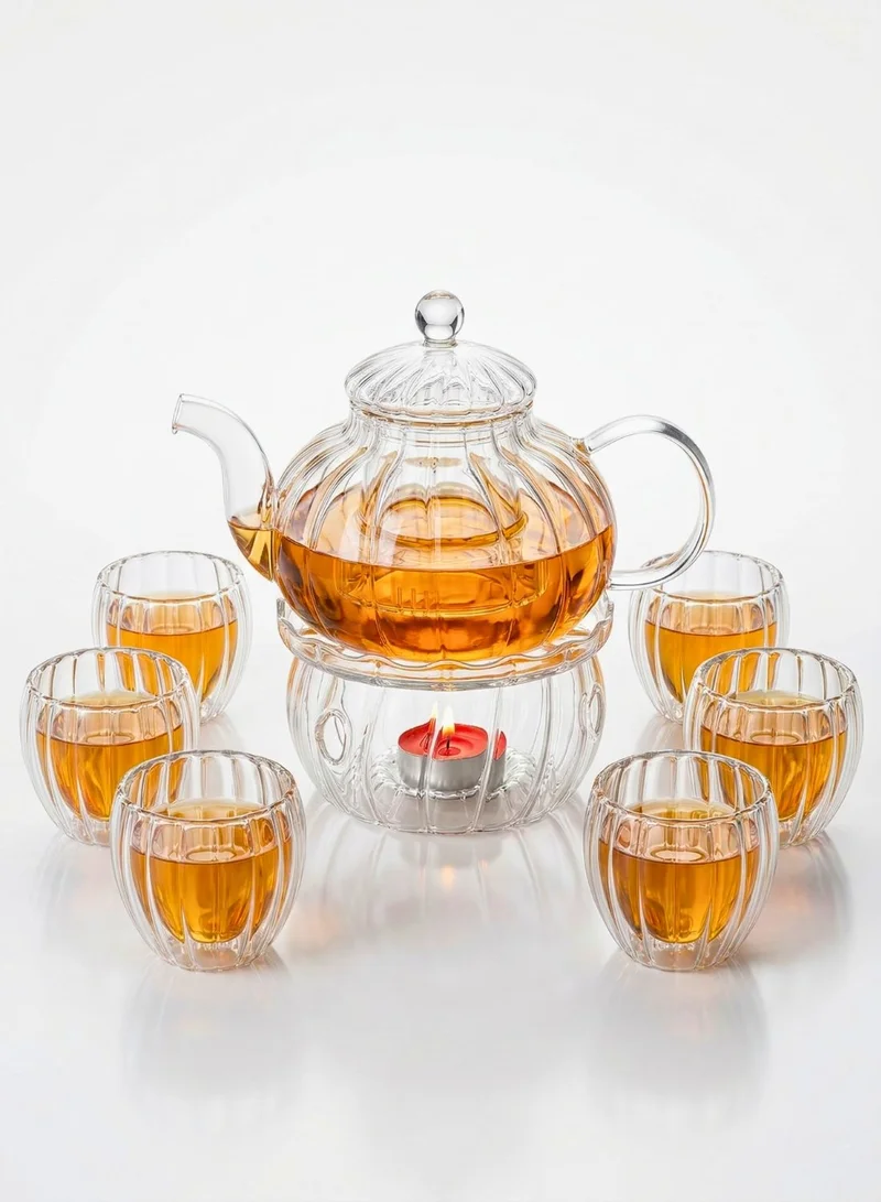 1 تشيس طقم شاي زجاجي من البوروسيليكات على شكل يقطينة، إبريق شاي سعة 600 مل مع سخان شاي زجاجي و6 أكواب بجدار مزدوج (80 مل)، طقم صنع شاي مقاوم للحرارة للشاي السائب والشاي العشبي