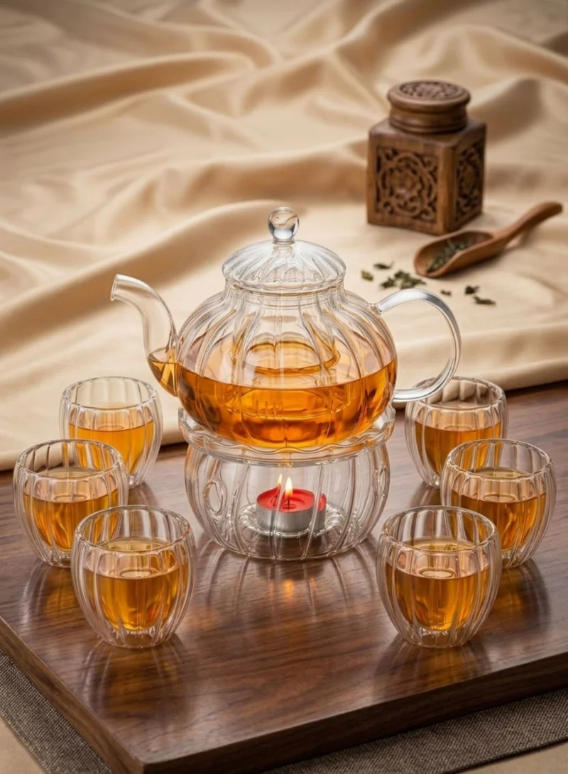 Pumpkin Shape Borosilicate Glass Tea Set, 600ml Teapot with Glass Tea Warmer & 6 Double Wall Cups (80ml), Heat Resistant Tea Maker Set for Loose Leaf Tea & Herbal Tea