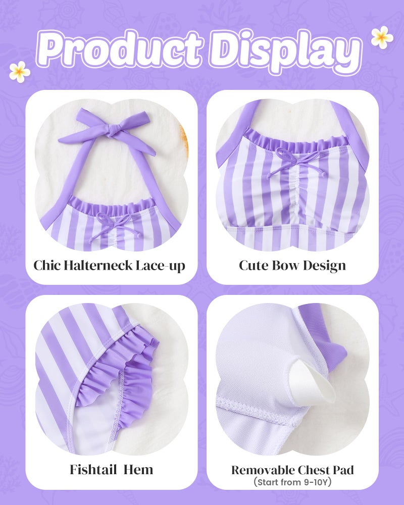 Mioglrie Girls Swimsuit Size 10 9 Purple Straps Kids One Piece Bathing Suits Summer Beach Swim Suit Crossback Neckband Girls' Swimwear Cute Swimsuits for Teens - Image 4