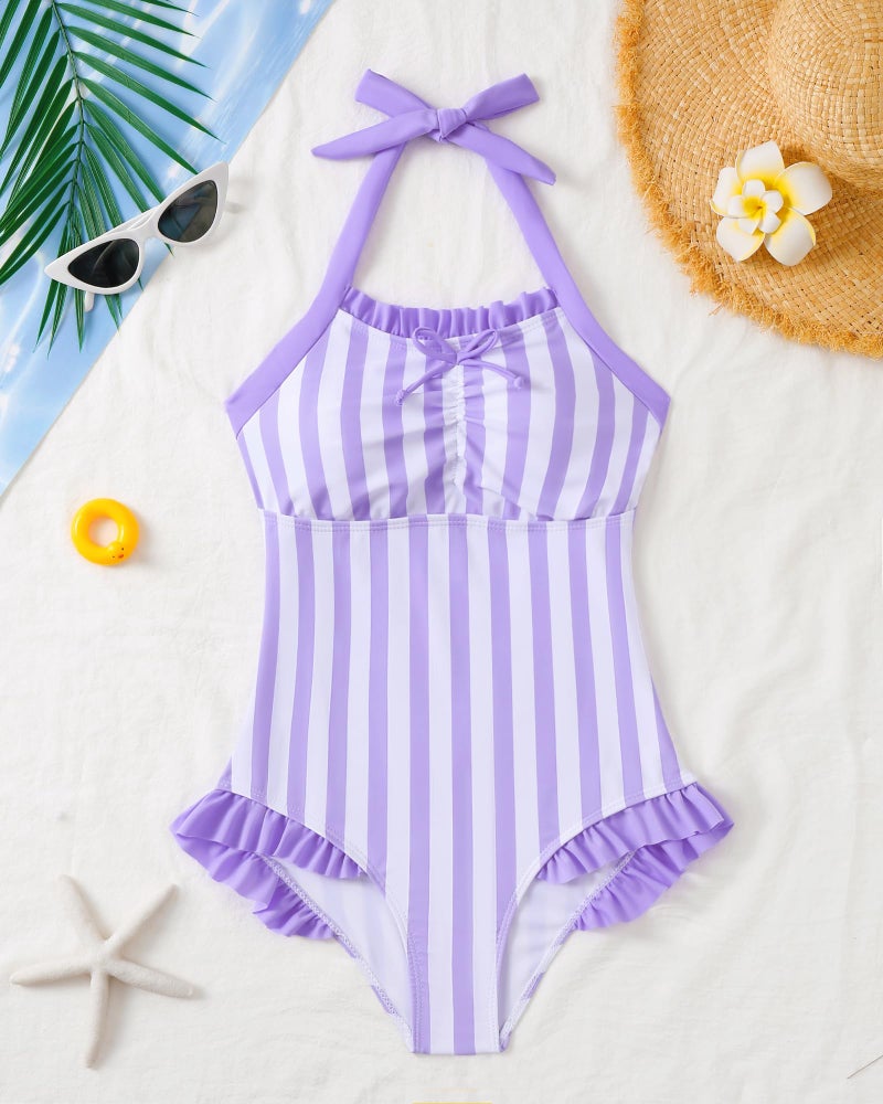 Mioglrie Girls Swimsuit Size 10 9 Purple Straps Kids One Piece Bathing Suits Summer Beach Swim Suit Crossback Neckband Girls' Swimwear Cute Swimsuits for Teens - Image 3