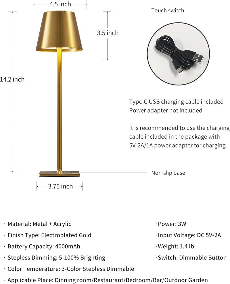 KDG 2 Pack Cordless Table Lamp,Portable LED Desk Lamp, 5000mAh Battery Operated, 3 Color Stepless Dimming Up, for Restaurant/Bedroom/Bars/Outdoor Party/Camping/Coffee Shop Night Light(Gold) - Image 5